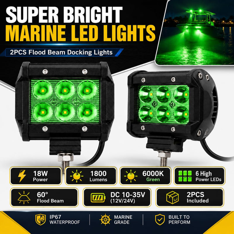 Shangyuan Pontoon Boat Docking Light - Marine LED Spreader & Navigation Lights, Green, 2pcs 18w 6Led 2pcs green