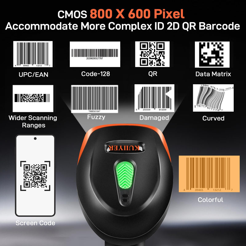 KUIIYER Wireless Barcode Scanner, 2D QR 1D Bar Code Scanners Handheld Barcode Reader with Updated 800 X 600 Pixel CMOS & Built-in Light, Plug & Play for Computers, PC, Laptop, Desktop & POS