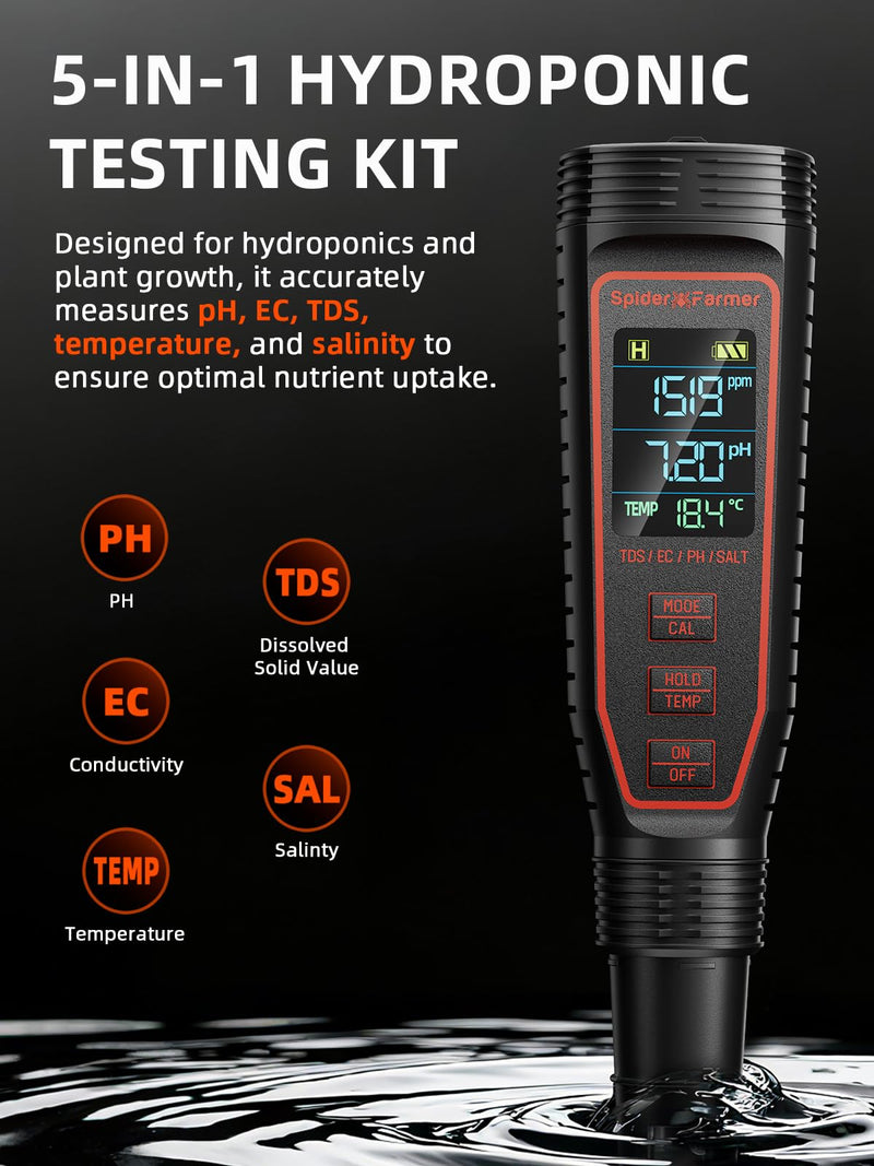 [Australia - AusPower] - Spider Farmer 5-in-1 Digital pH Meter Kit for Water, TDS EC Temperature Salinity Tester with ATC Rechargeable for Plants Hydroponics Pool Fish Tank and Aquarium (IP67 Waterproof) 
