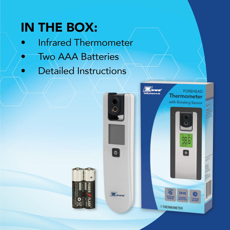 [Australia - AusPower] - Zewa 4-Way Rotating Infrared Thermometer | Forehead Non-Touch Technology | Fast 1-Second Reading | Distance Detection | LCD 3-Color Display | Memory Recall | Measures Person & Objects 