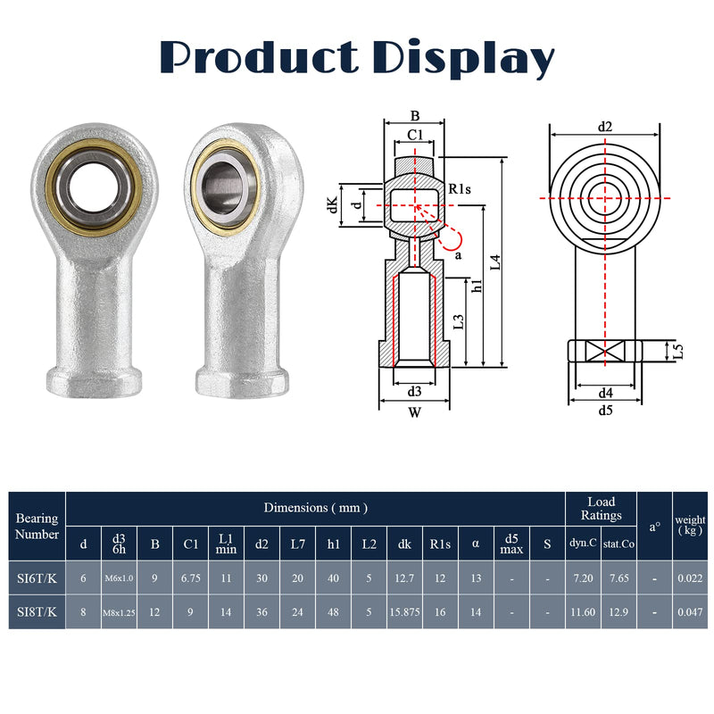 [Australia - AusPower] - 8mm Inside Dia Rod End Bearing Self Lubricating, M8 x 1.25 Female Thread Connector Joint, SI8T/K Rod End Ball Bearing, 4 PCS 