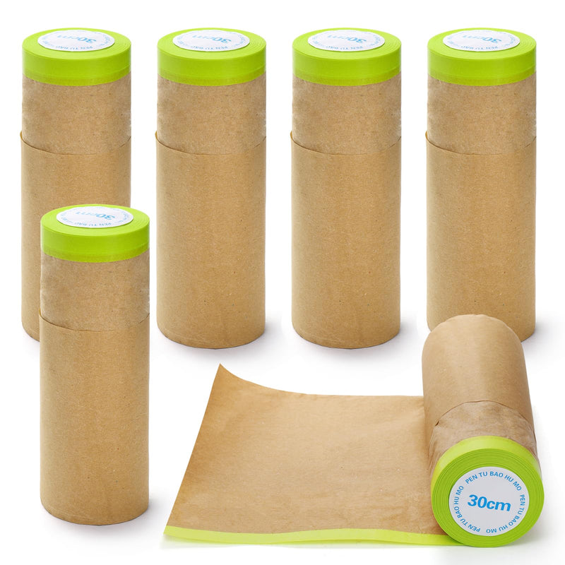 Jucoan 6 Rolls Pre-Taped Masking Paper for Painting, 12 Inch x 30 Feet Tape and Drape Automotive Painter Masking Paper for Car Wall Frame Floor