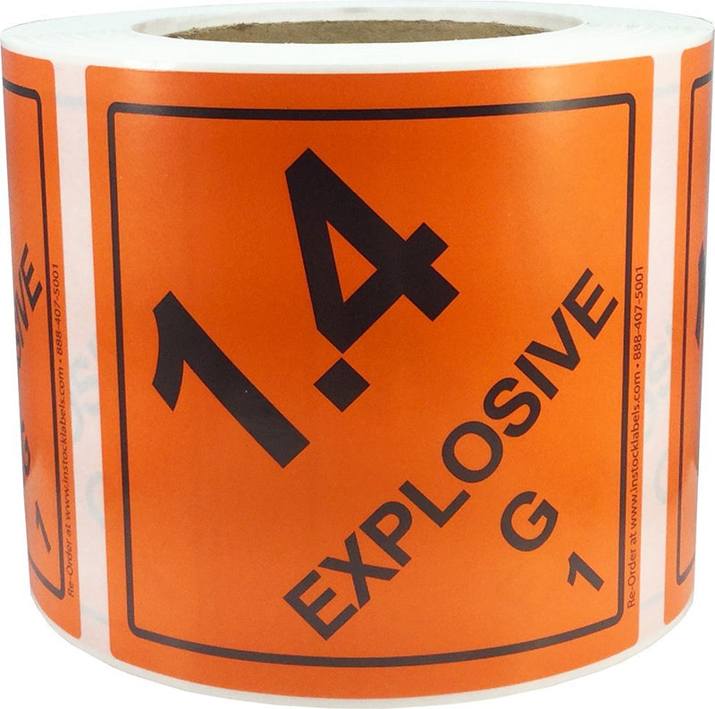 Hazard Class 1 D.O.T. Explosives 1.4G Labels, 4 x 4 Inch Square Orange and Black Hazmat Stickers, 500 Total Adhesive Labels on a Roll for Shipping and Compliance – Made in the USA