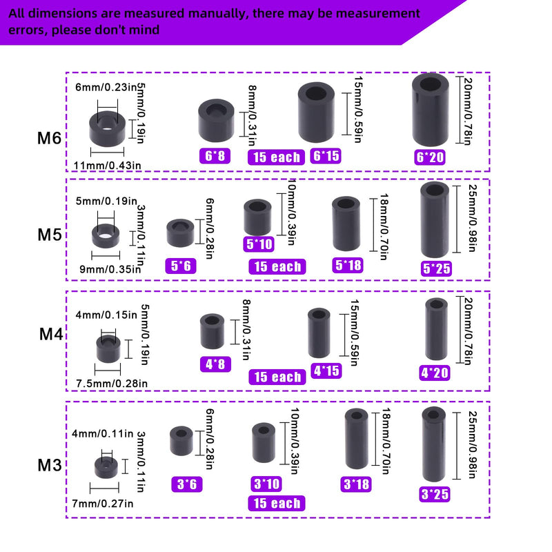 [Australia - AusPower] - Swpeet 270Pcs 18 Sizes Black Nylon Round Spacer Standoff Screw Nut Assortment Kit, Nylon ABS Plastic Standoff, Length 3mm 5mm 6mm 8mm 10mm 12mm 18mm 20mm 25mm for M3 M4 M5 M6 Screws Prototyping 