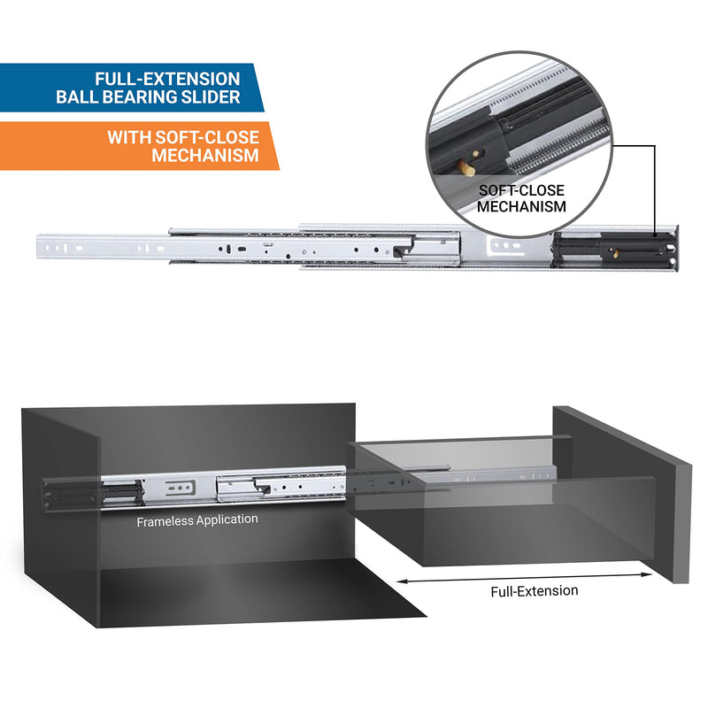 Pair of 12" Rok Hardware Soft Close Drawer Slides, Full Extension, Ball Bearing, 100 lb Weight Capacity - Available in 12", 14", 16", 18", 20", 22" and 24" Lengths 12 Inch