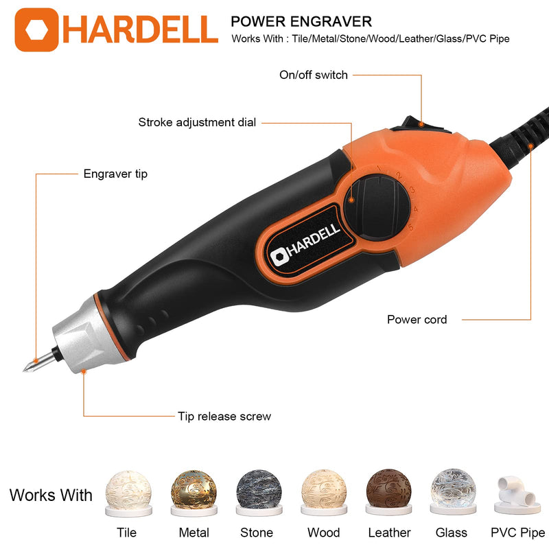 HARDELL 24W Engraving Pen, 5 Speed Engraving Tool with Letter/Number Stencil, Soft Handle Engraver Pen with Tungsten Carbide Steel Bits for Metal, Stone, Wood, Leather, Glass, PVC Pipe, DIY Crafts Orange