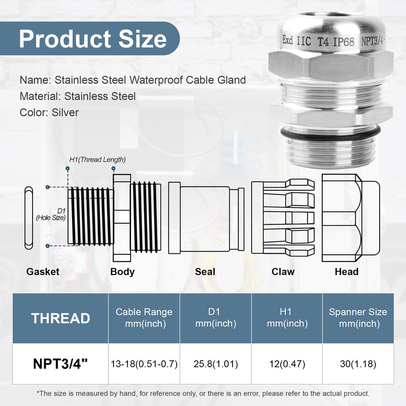 [Australia - AusPower] - NPT 3/4" Stainless Steel Waterproof Cable Gland IP68 Waterproof Cable Gland Adjustable 13-18mm Cable Gland Protectors - 2 Pcs NPT 3/4" 