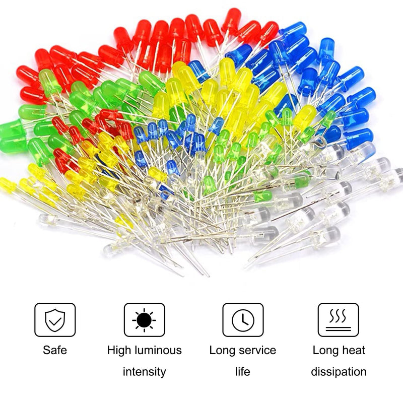 [Australia - AusPower] - 600Pcs 3mm 5mm LED Light Emitting Diodes Assortment Kit Round Diffused Led Circuit Component Assorted Set for Arduino, PCB Electronic Circuit DIY, Raspberry Pi (White/Red/Yellow/Blue/Green) 
