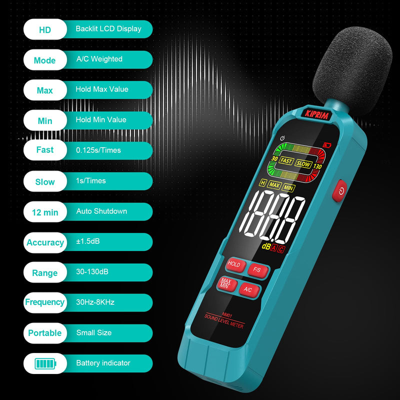 Kiprim NM01 Digital Decibel Sound Level Meter | Max/Min Value Recording, A/C Weighting, Backlit LCD, Carry Case Included