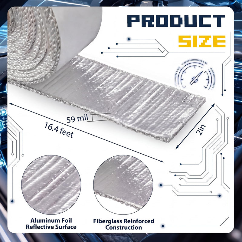 Heat Shield Tape Self-Adhesive Aluminum Fiberglass Heat Barrier(up to 400f) Reflects up to 90% Radiant Thermal 2" x 16.4' Roll Use for Racing Modified Car Engine Thermal Protection 1.97" X 16.4'