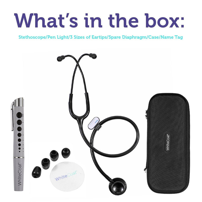 White Coat Dual Head Stethoscope, Lightweight and Acoustical with Protective Case – Jet Black Plus LED Pen Light Pupil Gauge