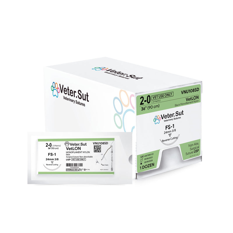 [Australia - AusPower] - VeterSut VetLON Non-Absorbable Nylon Surgical Suture USP Size 2-0, (FS-1) 3/8 24mm Reverse Cutting Needle, 36 Inches (90 cm), 12 Count, Veterinary Use 