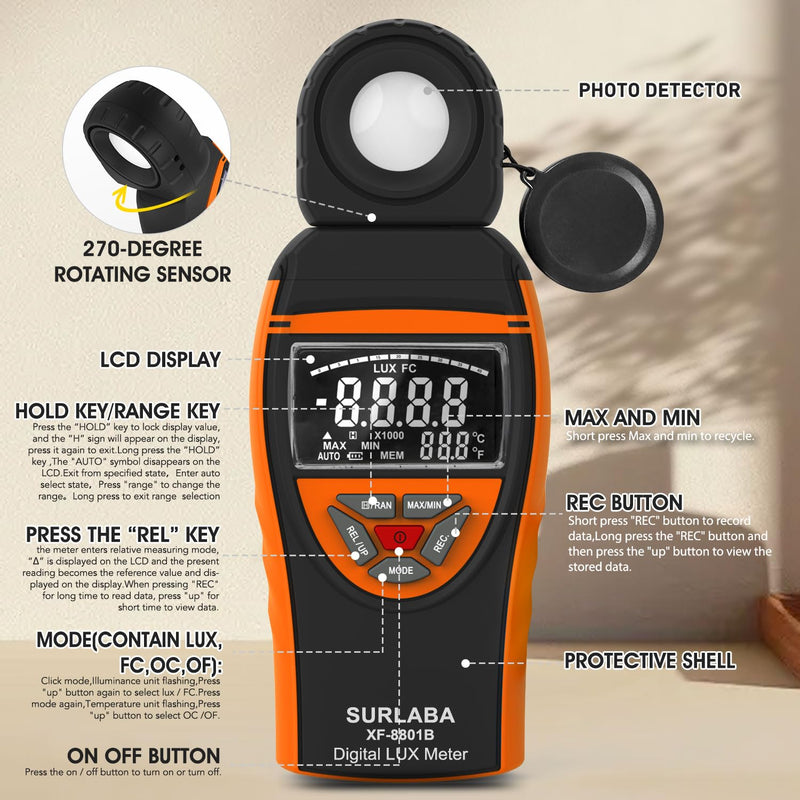 [Australia - AusPower] - Digital Light Meter 0.1-400,000 Lux - Professional Lux/FC Tester with Temperature Sensor, MAX/MIN Hold & 90° Rotatable Sensor for Photography, Plants, and Indoor Lighting (Orange) 