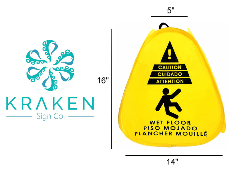 Kraken Sign Co - Pop-up Sign, Yellow 4-Sided Bilingual Trilingual English/Spanish/French Warning, Pop-up Caution Wet Floor Sign 16 inch for Restaurant, Commercial and Industrial Safety. Foldable, Portable, Durable (Yellow, 2 Pack)