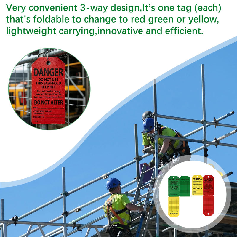 25-Pack Waterproof Scaffolding Inspection Tags,Danger/Caution/Attention,3-Way Design (Red, Yellow, Green) Tri Fold Program Card Safety Tags, Signs, and Scaffold Status Labels