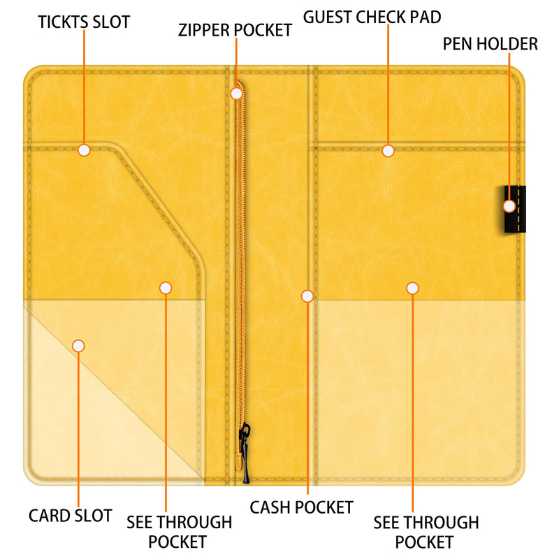 [Australia - AusPower] - BVYA Server Book for Waitress, 5x9 Inch Server Book with Zipper Pocket, Unique Printed Leather Server Wallet Organizer Fit Waitress Apron, With A Pen New Yellow 