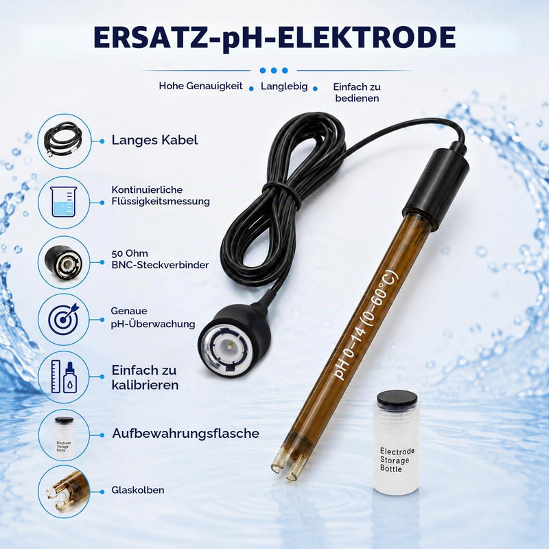 High Accuracy Combination pH Electrode for Continuous pH Monitoring, 0-14 pH Probe with 200 cm Long BNC Connection Cable & Calibration Powder Replacement Kit 200 cm cable