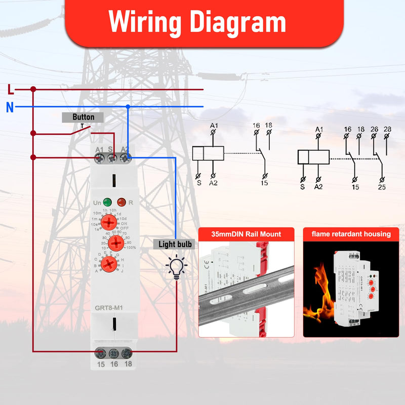 [Australia - AusPower] - Multifunctional Delay Time Relay, GRT8-M1 AC/DC 12V-240V Wide Voltage Relays Timer, 10 Functions Delay ON Off, DIN Rail Mount Timer Relay for Industrial Control & Smart Home 