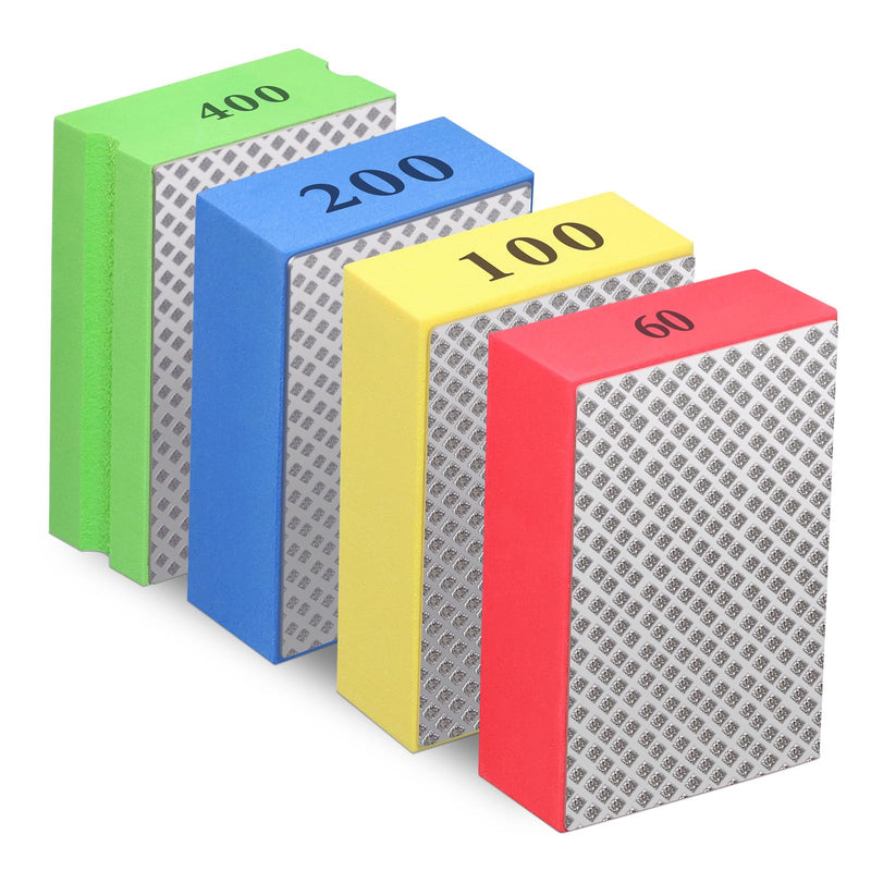 [Australia - AusPower] - Pack of 4 Glass Grinders, Diamond Hand Sanding Pad, Tile Sanding Blocks, Polishing Pads, Diamond Sanding Pad for Stone Ceramic Tiles, Glass Grinding, Trimming, 60#, 100#, 200#, 400# 