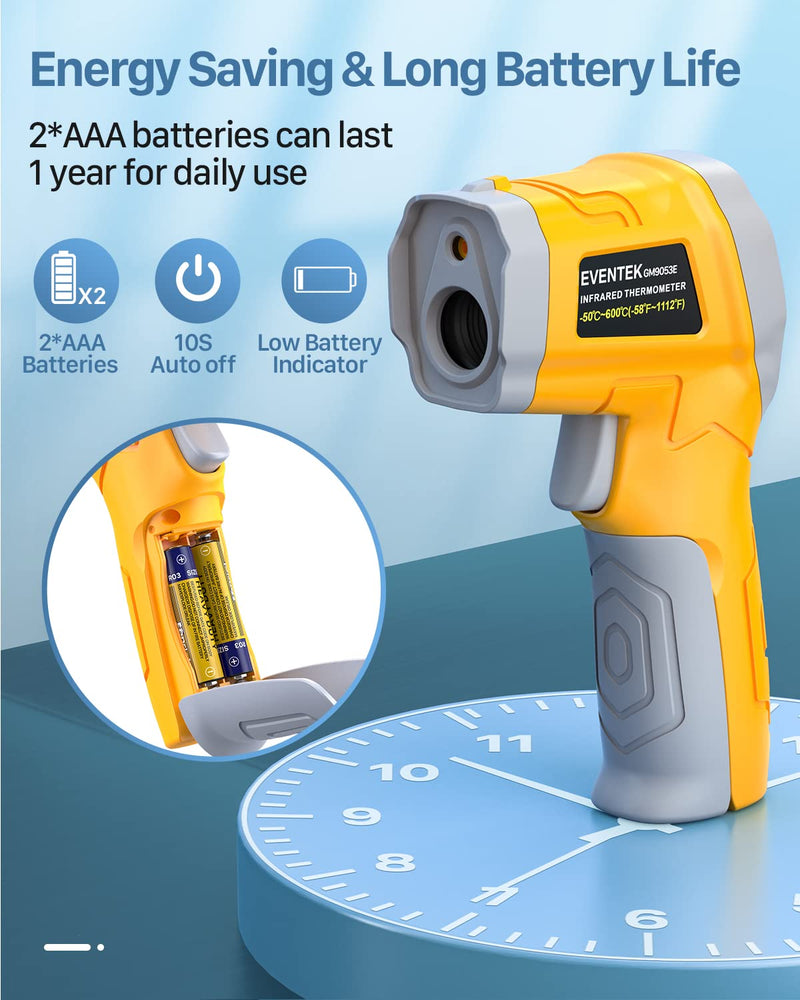 [Australia - AusPower] - EVENTEK Infrared Thermometer, Temperature Meter -50°C ~ 600°C (-58°F~1112°F) with Adjustable Emissivity, Laser Thermometer, Non-Human for Cooking/Barbecue/Freezer/Industry Yellowish-Grey 