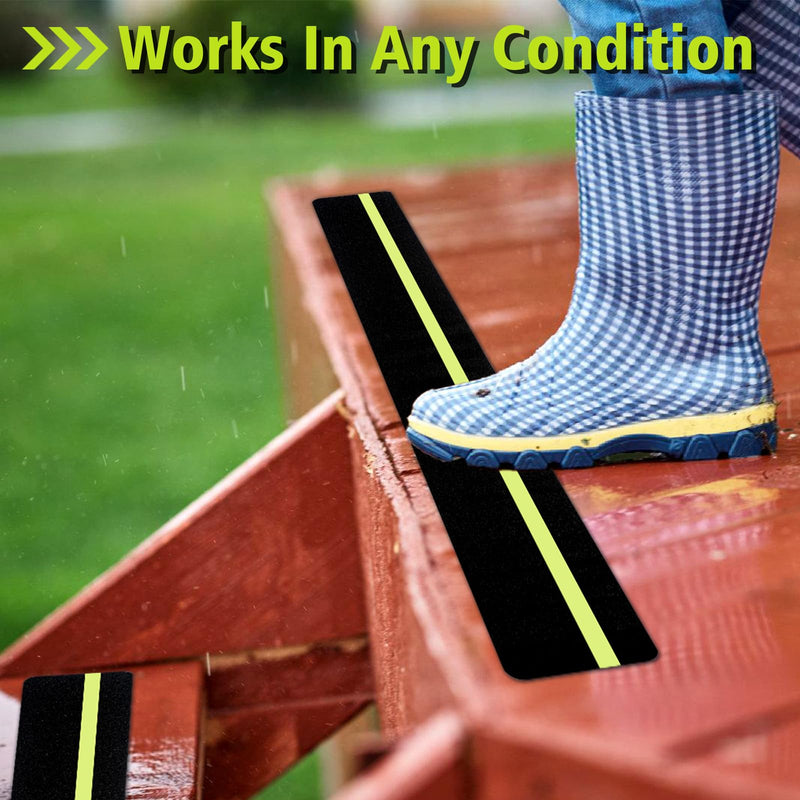 Dynta Anti Slip Traction Treads with Glow in Dark Stripe, 4" X 30", Stair Treads Non Slip Tape, 12 Pack, Waterproof, Skateboard Grip Tape, High Traction Friction, Abrasive Adhesive for Stairs 4" X 30"inch