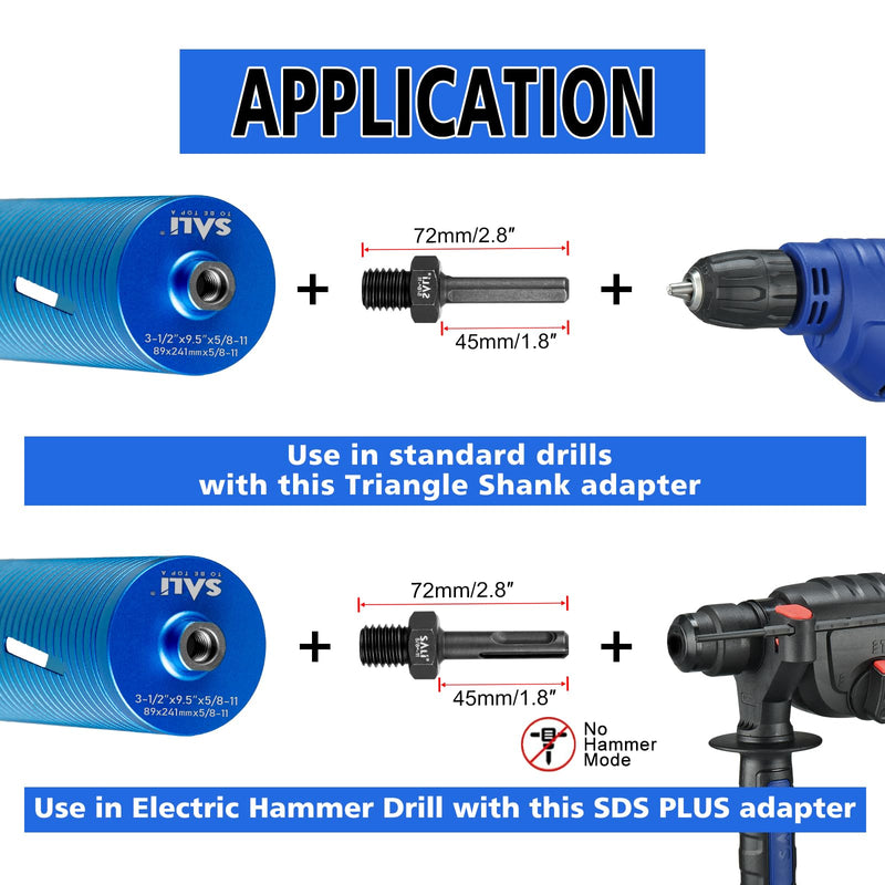 SALI Diamond Core Drill Bits 2" Diameter 10"/254mm Drilling Depth 5/8-11" Thread Core Bit Turbo Laser-Welded Segments for Cured Concrete with, Brick, Block, Masonry, with Two Adapters 2 inch