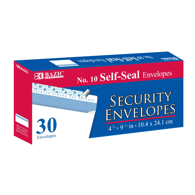 BAZIC Products #10 Security White Envelopes, Self-Seal Closure, 30 Count, for Mailing Office, Security Tinted