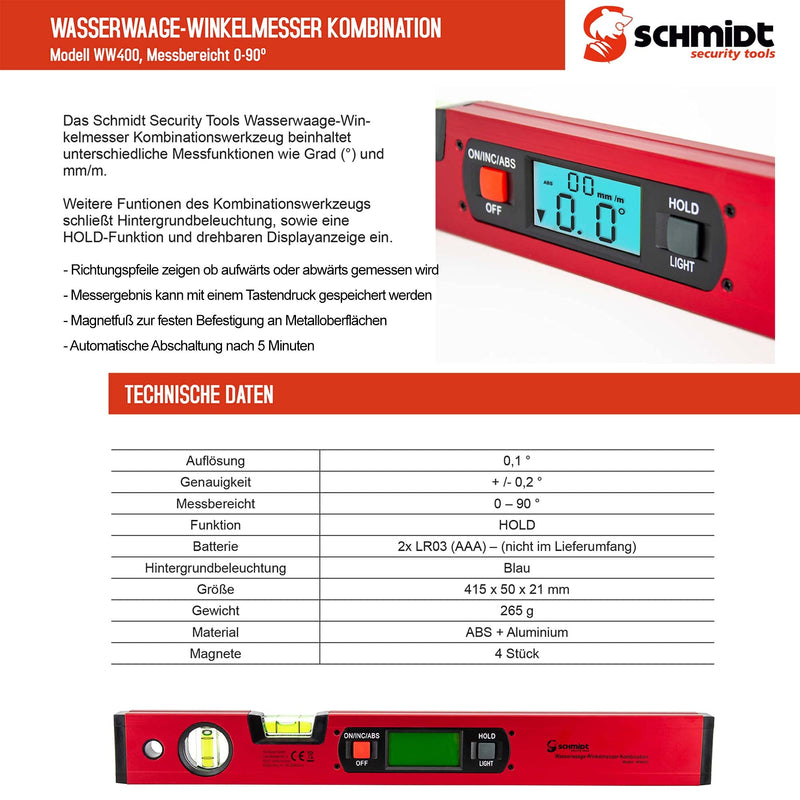 SCHMIDT security Tools Electronic Spirit Level Protractor - Inclinometer - Digital LCD Display - Combination Meter - Vertical and Horizontal Level - Angle Scales - Magnetic Scales Model WW400