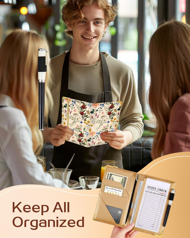 [Australia - AusPower] - Server Book for Waitress Cute Serving Books with Zipper Pocket Accessories Leather Server Check Book Restaurant Waiter Server Booklet Ticket Book Holder Flower Floral 