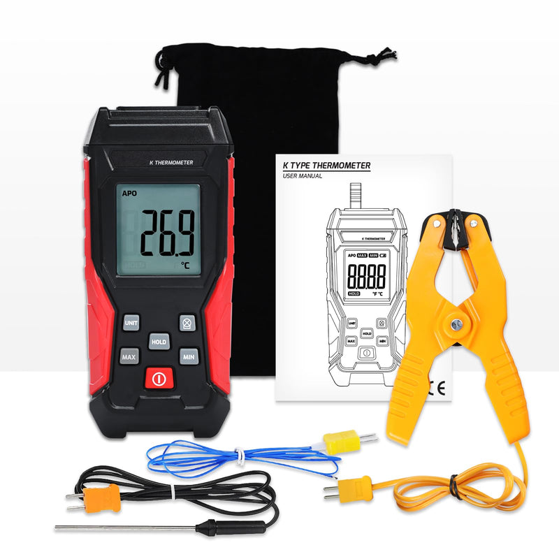 [Australia - AusPower] - Digital Type K Thermocouple Thermometer HVAC Temperature Clamp Meter, -328°F~2501°F Range Single Channel K-Type Temperature Meter Gauge with Thermocouples & Lead Probe Pipe Clamp Measures -40°F~392°F 
