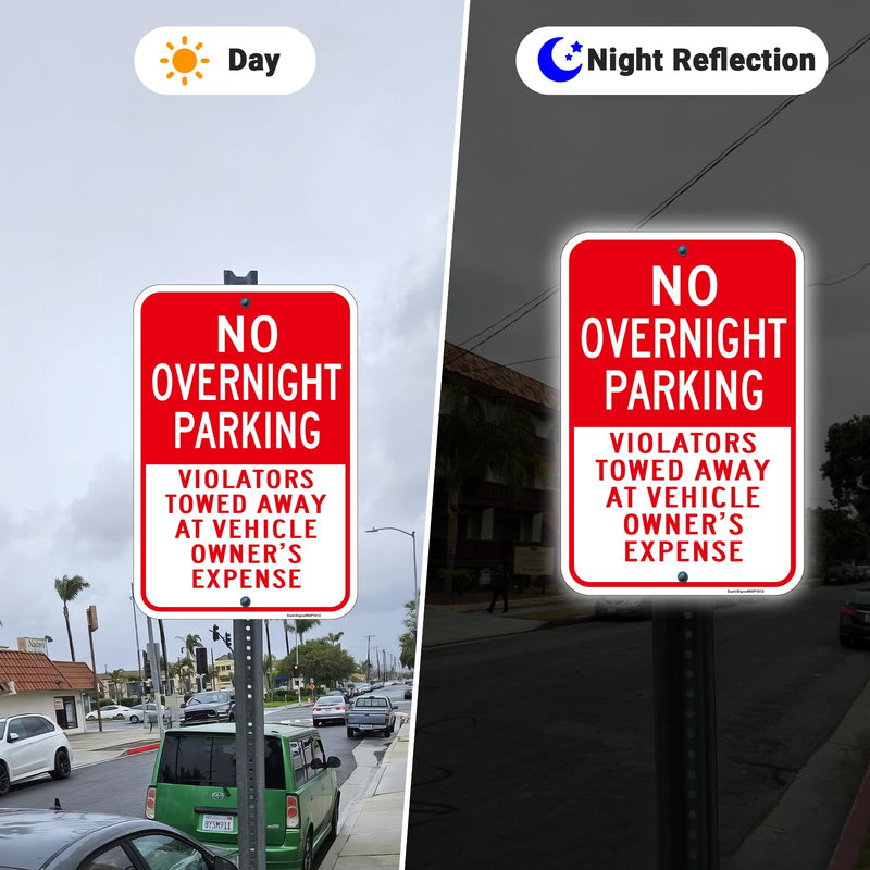 Large No Overnight Parking Sign, Violators will be towed sign, 2Pack -18"x12" Engineer Grade Rust Free Reflective Aluminum, Fade & Weather Resistant, UV Protected, Indoor/Outdoor Use, Easy to Mount