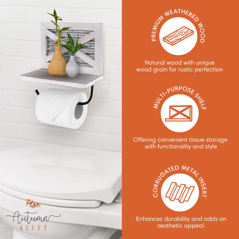 Autumn Alley White Farmhouse Toilet Paper Holder with Shelf for Wipes - Wooden Farmhouse Bathroom Decor - Shabby Chic Bathroom Accessories and Western Bathroom Decor Wall Mounted, White Wood No bracket