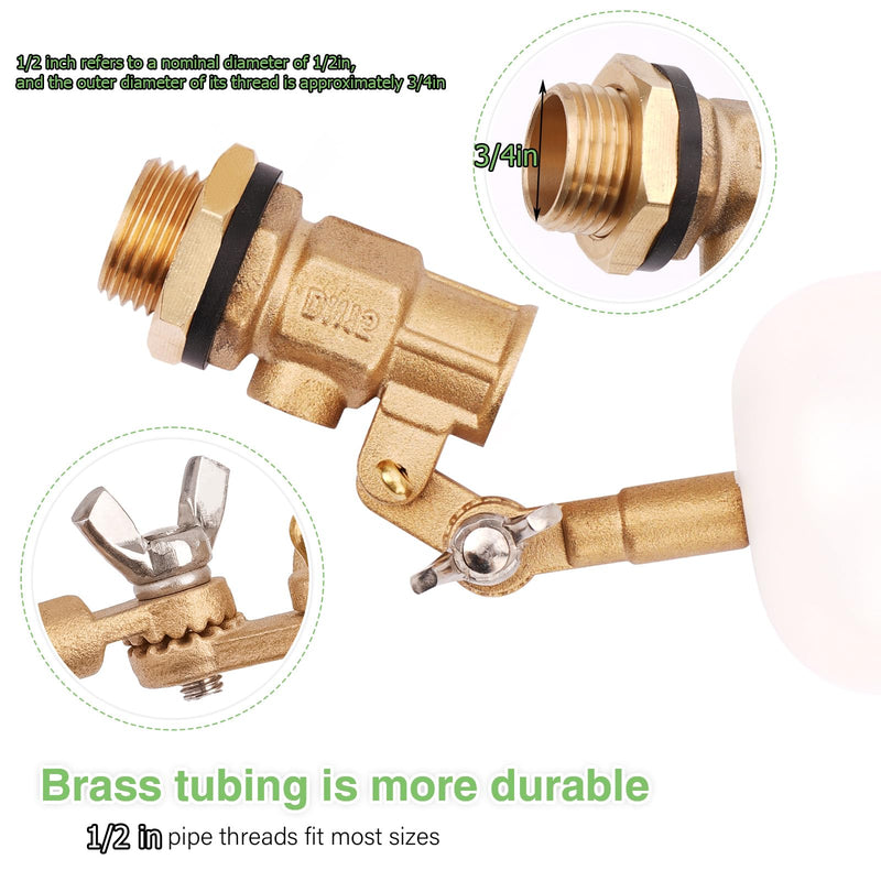 Float Valve 1/2 inch, Brass Water Float Valve with Adjustable Arm, Float Ball Valve Automatic Fill and Water Level Control for Water Trough,Fountains,Water Tank,Ponds,Pool,Aquariums 1/2 in