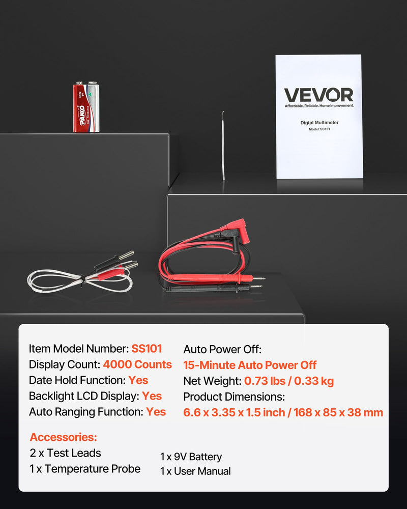 [Australia - AusPower] - VEVOR Digital Multimeter, 4000-Count TRMS DC/AC Voltmeter Current Tester, Auto-Ranging Multimeter for Current Voltage Resistance Capacitance Temperature Diodes Continuity Duty-Cycle Measurments 