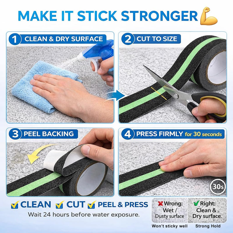 Anti Slip Tape with Glow in Dark, 2 inch x16.4ft Anti Slip Grip Tape for Stairs, Floors, Decks, Bathrooms & Outdoors, Waterproof PVC Non Skid Safety Tape with Glow at Night 2 inches (width) x 16.4 feet (length)