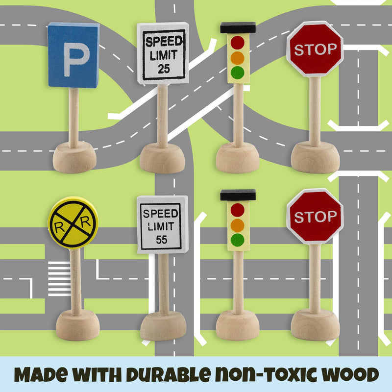 Attatoy Kids Wooden Street Signs Playset (14-Piece Set), Wood Traffic Signs Perfect for Car & Train Set 14 Piece Set