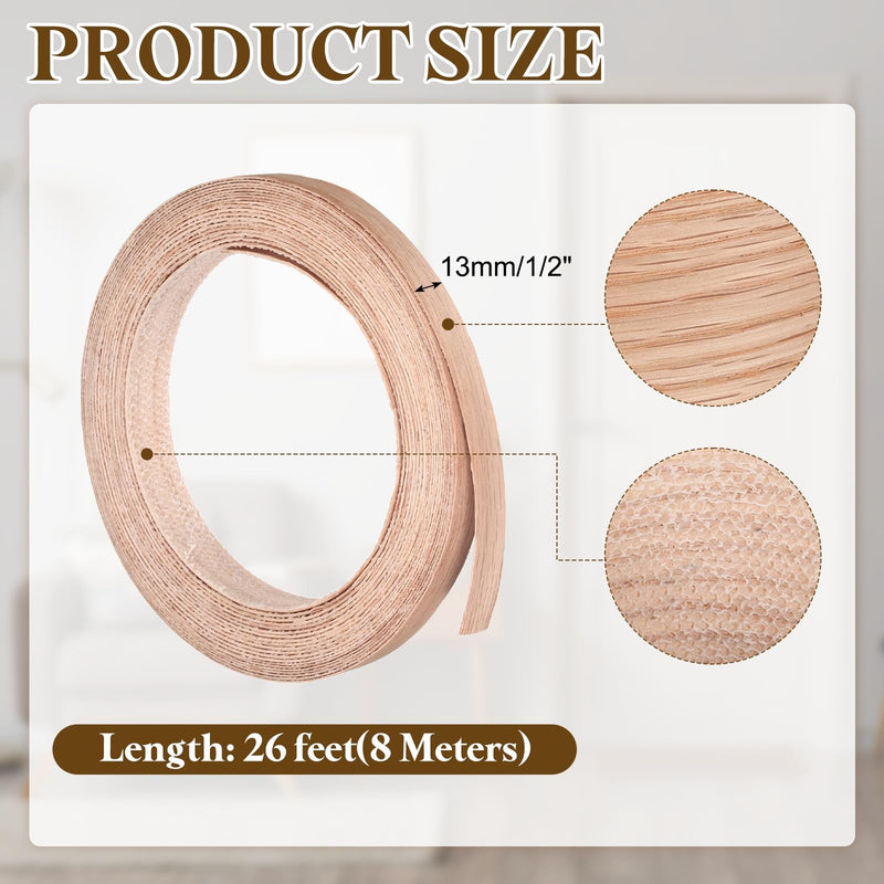 uxcell 1/2 Inch x 26ft Wood Veneer Edge Banding, Pre-Glued Flexible Red Oak Edging Strips, Iron on with Hot Melt Adhesive Wood Tape for Cabinet Repair and Furniture Restoration