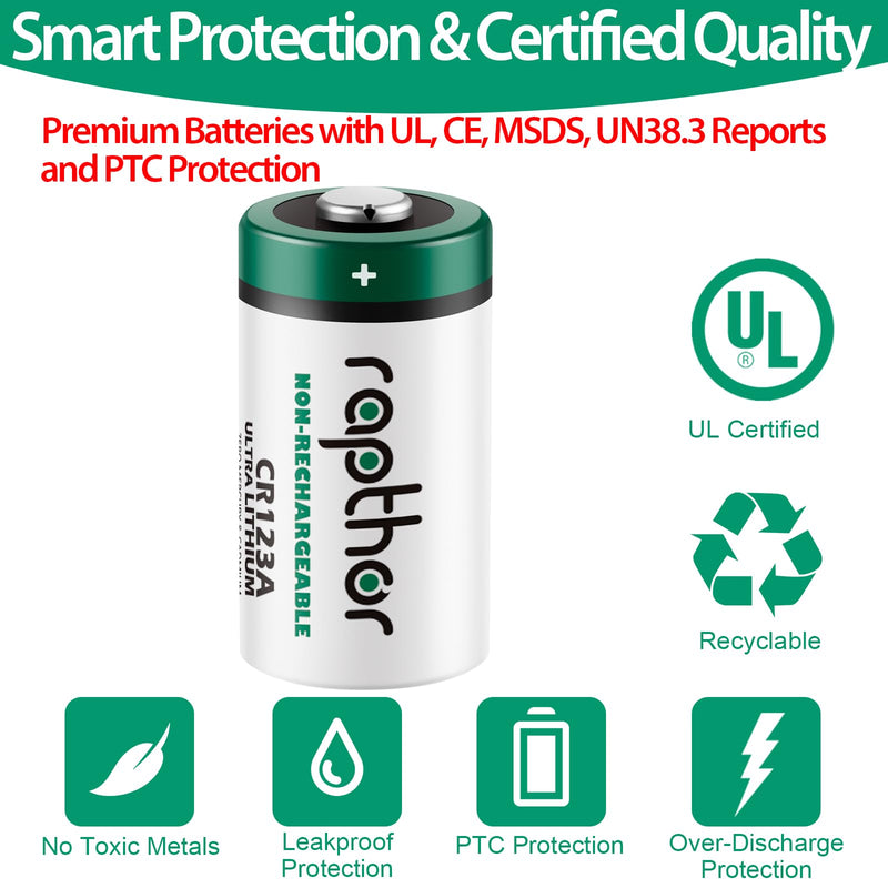 [Australia - AusPower] - rapthor CR123A 3V Lithium Battery 1650mAh 20 Pack High Power CR123 123A 123 CR17345 Photo Batteries PTC Protected for Cameras Flashlight Alarm Smart Sensors (Non-Rechargeable, Not for Arlo) 
