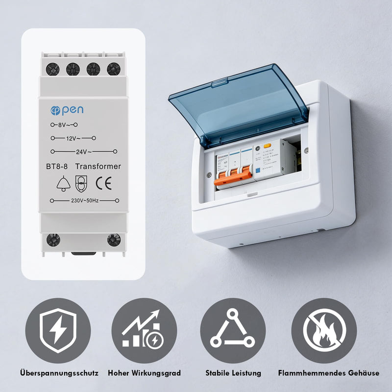Bell Transformer 8 V 12 V 24 V, Bell Transformer 230 V AC Inputs, 8-24 V/AC Exports, Surge Protection, Fits Standard DIN Rail, Doorbell for Monitoring and Access Systems