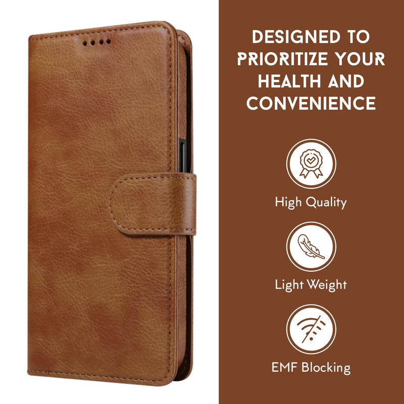 EMF Protection Anti Radiation Leather Flip Folio Case for iPhone, Genuine Leather Wallet Case/Cover with Card Holder & Stand Function Brown for iPhone 13 Pro