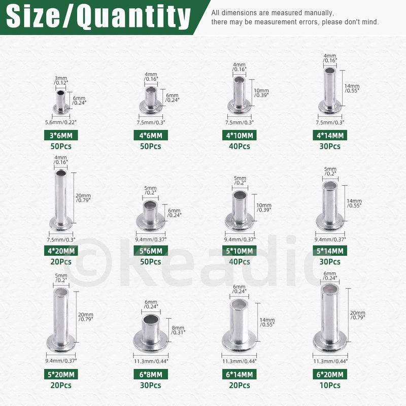 [Australia - AusPower] - Keadic 390Pcs M4 M5 M6 Aluminum Flat Head Semi-Tubular Rivets Assortment Set, 12 Sizes Silver Tone Metal Stud Fasteners for Leather Household Automobile Industry M4 M5 M6 Assortment Set 
