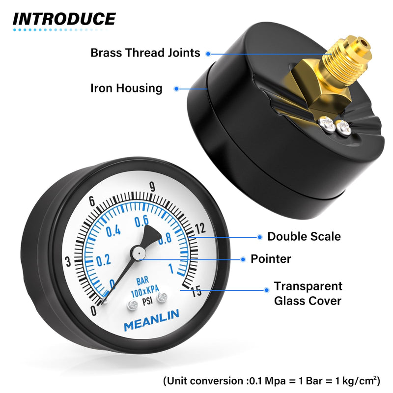 [Australia - AusPower] - MEANLIN MEASURE 0~1BAR/15PSI 2 inch DIAL FACE 1/4 inch BSP well pump pressure gauge, with 1/4 inch x 1/2 inch BSP and 1/4 inch x 3/8 inch BSP hex socket, pool sand filter water oil air pressure test 0~1BAR/0~15PSI Rear mounted 