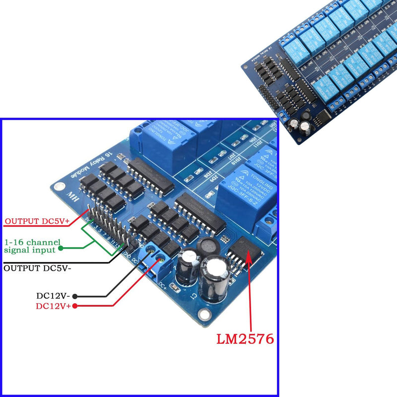 RUNCCI-YUN 1 x 16 Channel Relay Module 12 V, 16 Channel Relay Module with Optocoupler High or Low Level Trigger Extension Board Relay Switch for Raspberry Pi Arduino Board 12 V 16 channel, 1 piece, blue