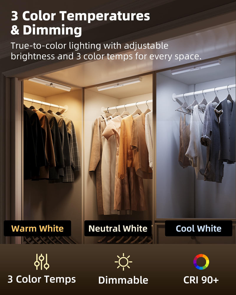 EZVALO 17Inch Motion Sensor Closet Lights, 3600mAh Rechargeable Battery LED Cabinet Lights, 150 Lumens No-Glare Curved, 3 Color Temps & Dimmable Pantry Lights for Wardrobe, Shelves - 2Pack 2