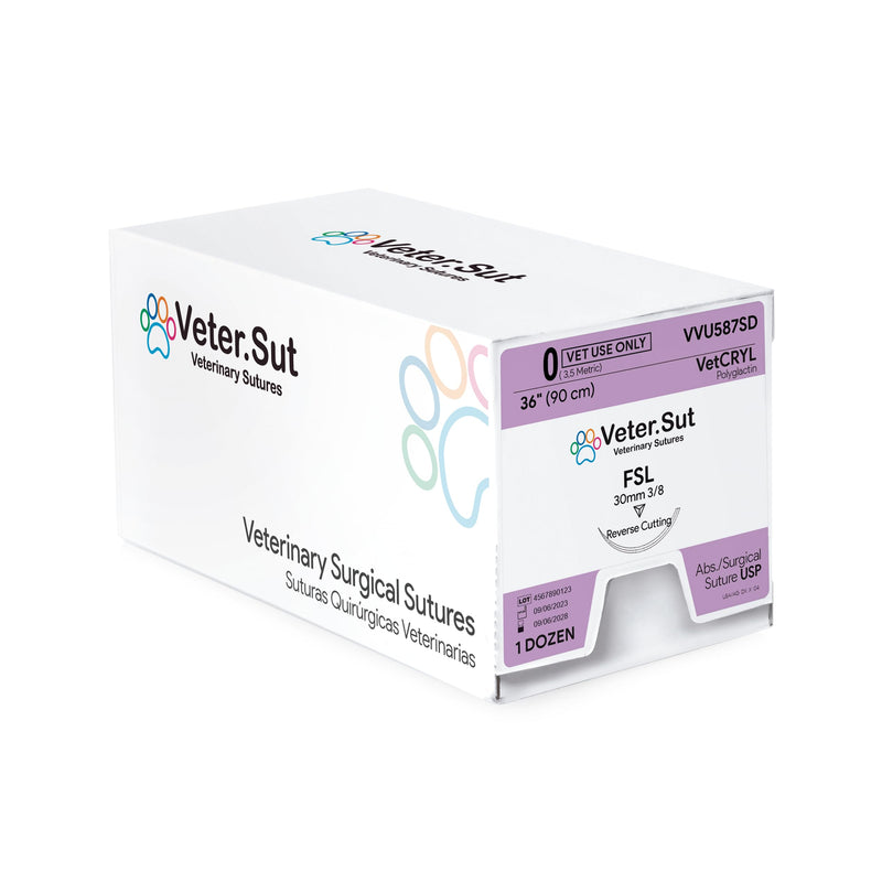 [Australia - AusPower] - VeterSut VetCRYL Absorbable Polyglactin Surgical Suture USP Size 0, (FSL) 3/8 30mm Reverse Cutting Needle, 36 Inches (90 cm), 12 Count, Veterinary Use 