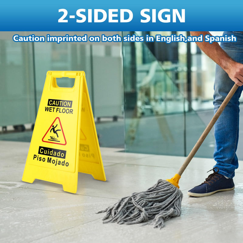 WOUSEDO 2-Pack Caution Wet Floor Sign,17.5" Height,Bright Yellow Double-Sided Folding A-Shaped Frame Design, Bilingual Caution Message 2PACK Yellow