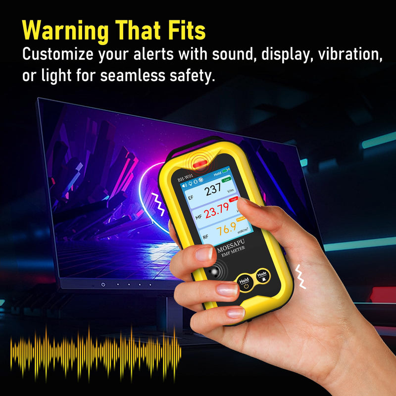 EMF Meter, 3-in-1 Electromagnetic Radiation Detector for EF MF RF Field, Electric Magnetic Radio Frequency Monitor, Portable Rechargeable Battery Reader for Microwave Ghost Hunting, BH-W01 Yellow