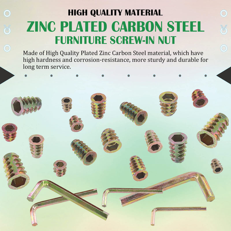 [Australia - AusPower] - Keadic 140Pcs 9 Sizes M4 M5 M6 M8 M10 Zinc Plated Threaded Inserts Assortment Set with Hex Wrench, Hex Drive Wood Nutserts Screw-in Nut Bolt Fastener Connector for Wooden Furniture 