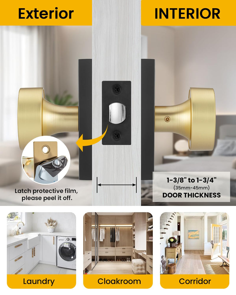 Goldenwarm Black Gold Closet Door Knob Interior, Zinc Alloy Matte Black Gold Passage Interior Door Knob, Rectangular Heavy Duty Modern Indoor DoorKnob for Closet, Hallway, 1 Pack Black Gold with Ring