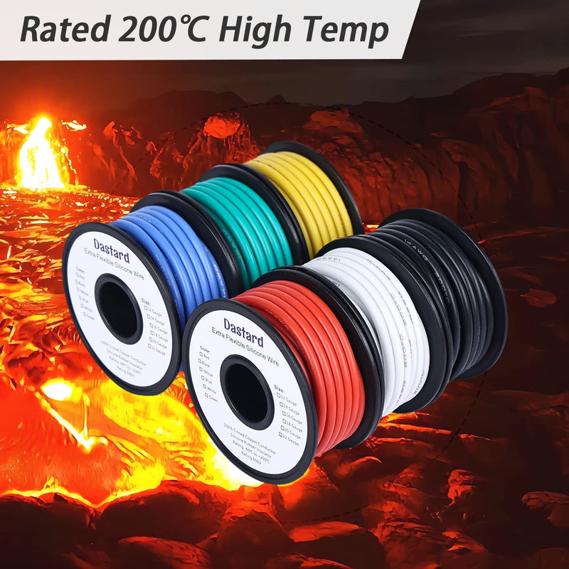 Dastard 12 Gauge Flexible Silicone Wire, 12 AWG Stranded Tinned Copper Wire 60ft【Red+Black+Blue+Yellow+White+Green Each 10ft】 12AWG Automotive Electrical Wire 392℉ 600V 6 Colors